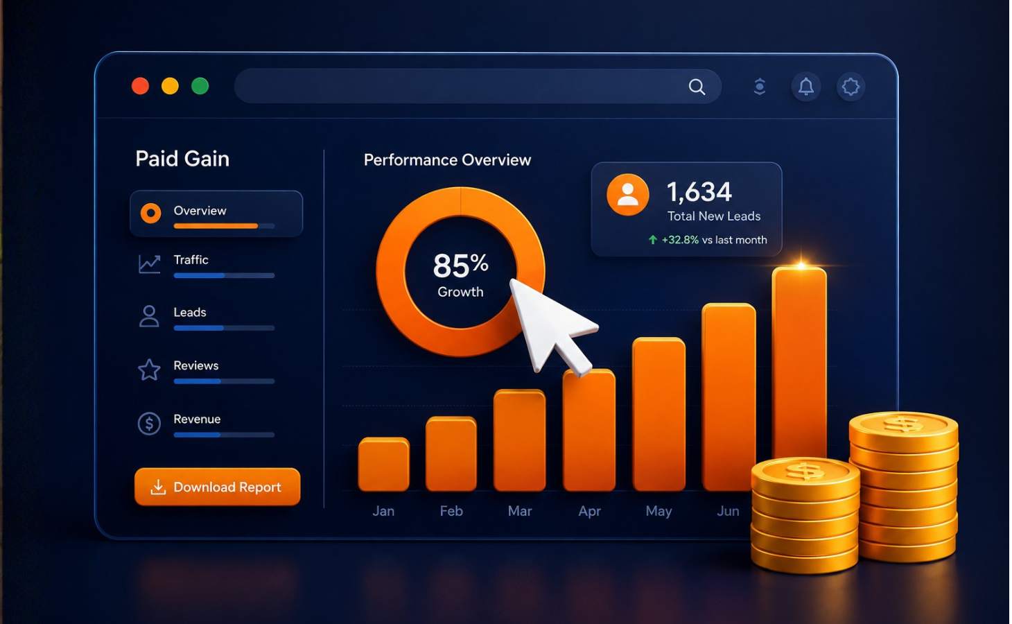 Ads dashboard with click cursor and coins