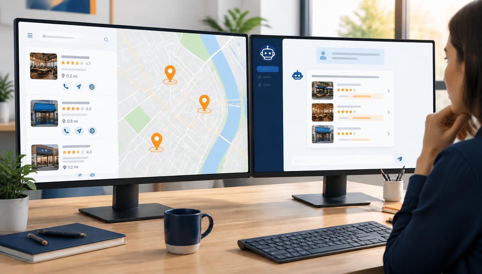 Local map results displayed beside an AI business recommendation interface for comparing Maps and ChatGPT visibility