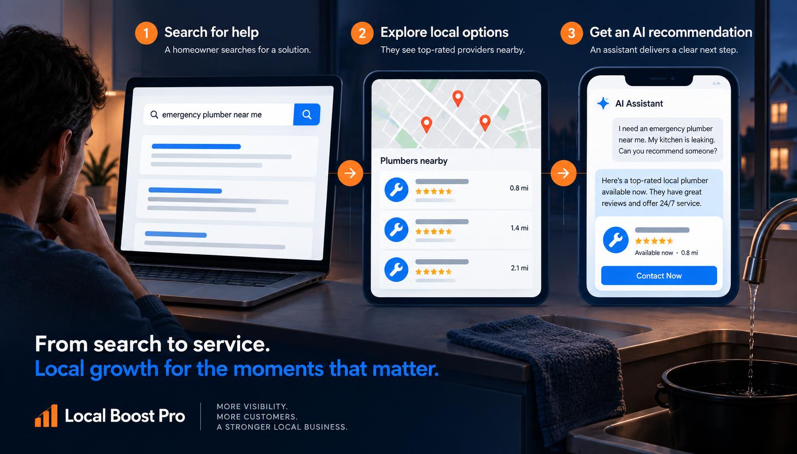 Homeowner moving from an emergency local search to nearby map listings and an AI assistant recommendation in one evening