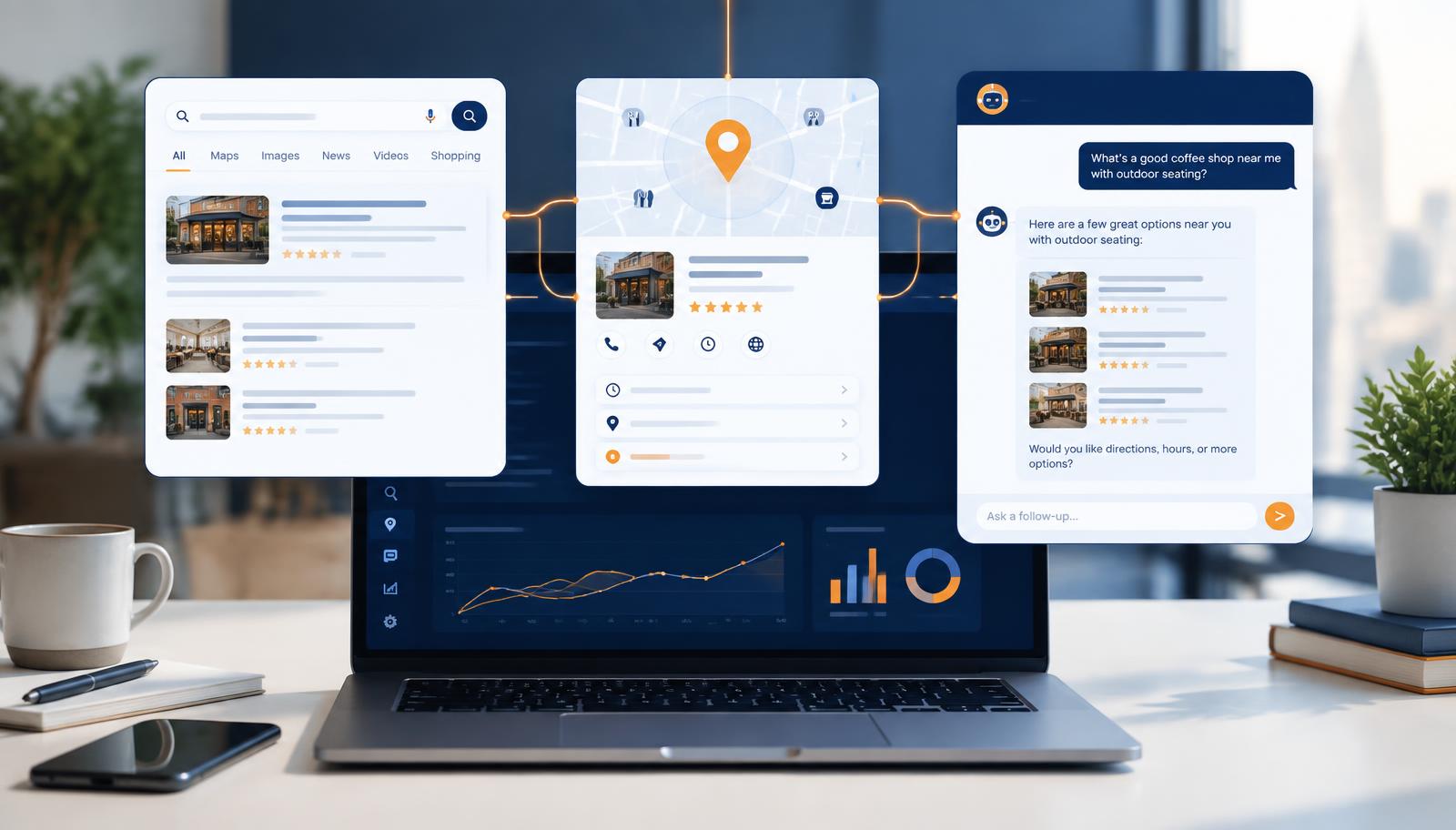 Connected search results, local map listing, and AI recommendation panels illustrating SEO, AEO, and GEO