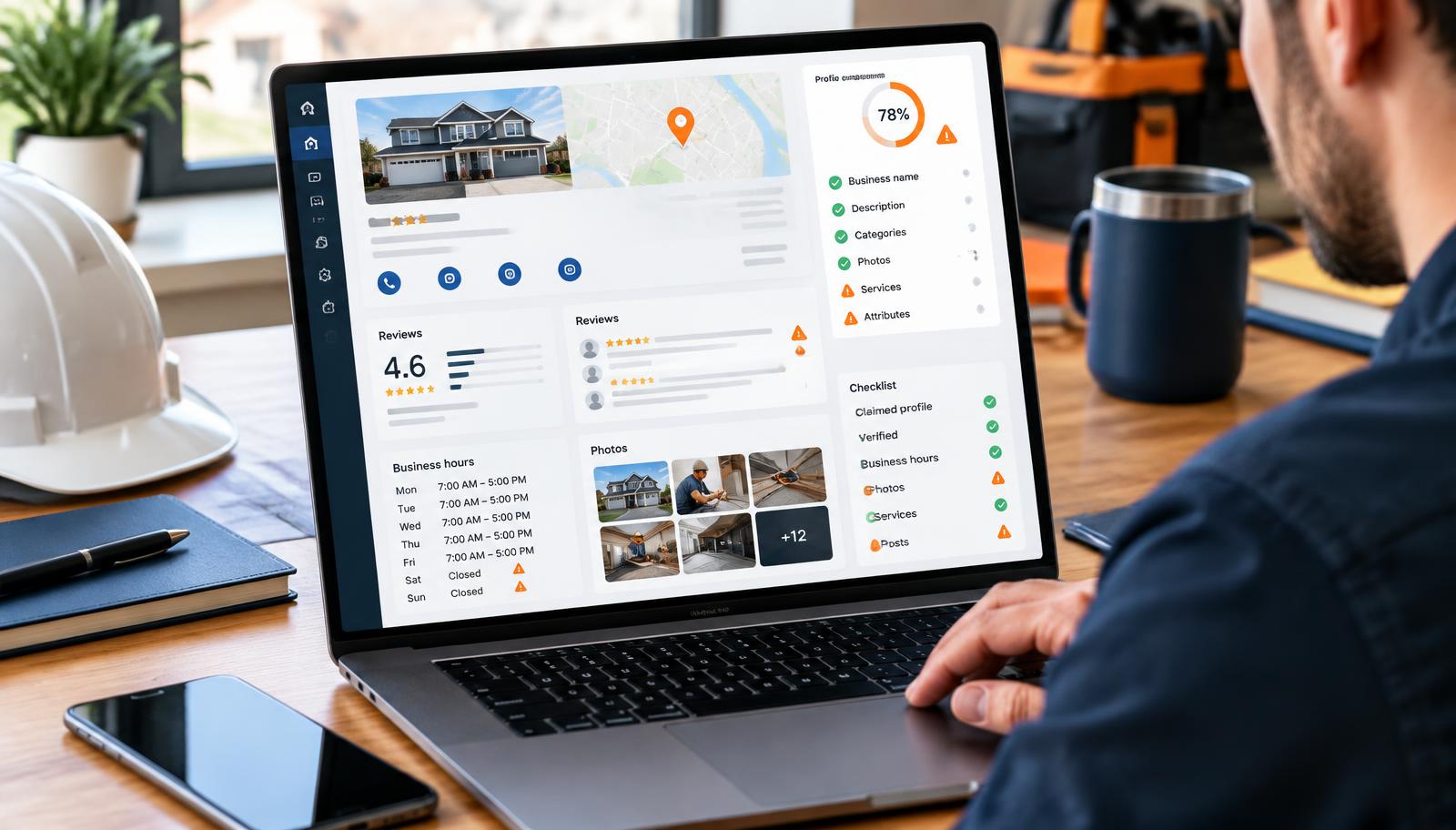 Contractor reviewing a Google Business Profile audit dashboard with listings, reviews, hours, photos, and optimization warnings