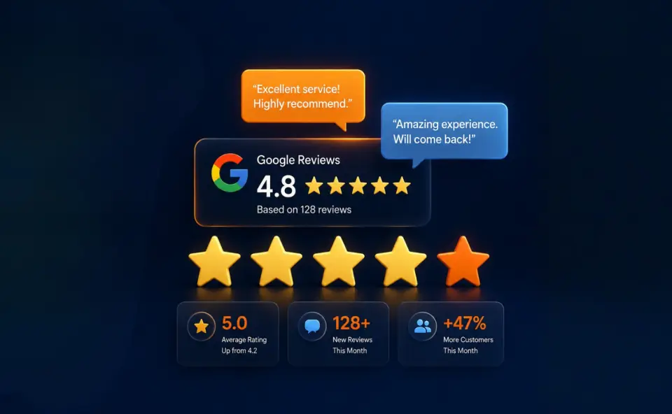 Five star review with speech bubbles