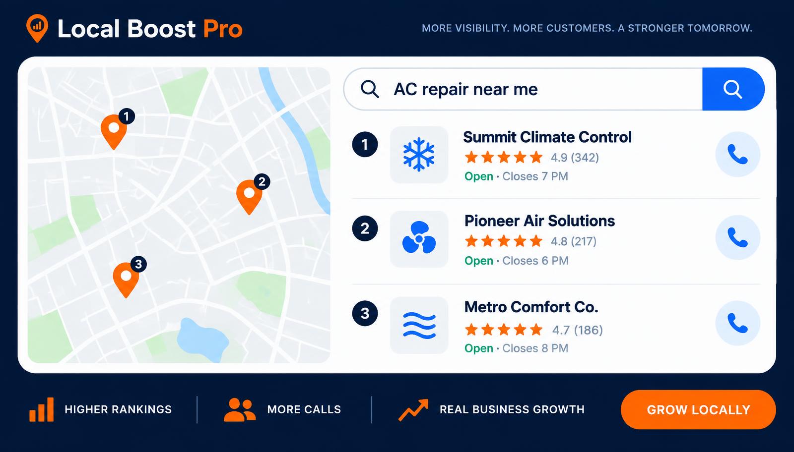 Simplified local Maps 3-pack for an AC repair search with three business listings, map pins, ratings, hours, and call buttons